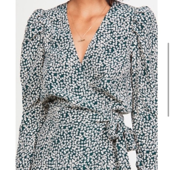 Free People NWT Green Pine Needle Combo Floral Kinsley Wrap Mini Dress - Picture 2 of 11